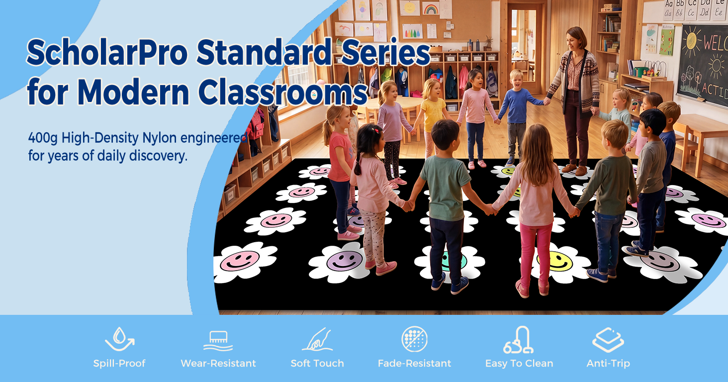 Pastel Flower Smileys Classroom Rug classroom rug scene image 1
