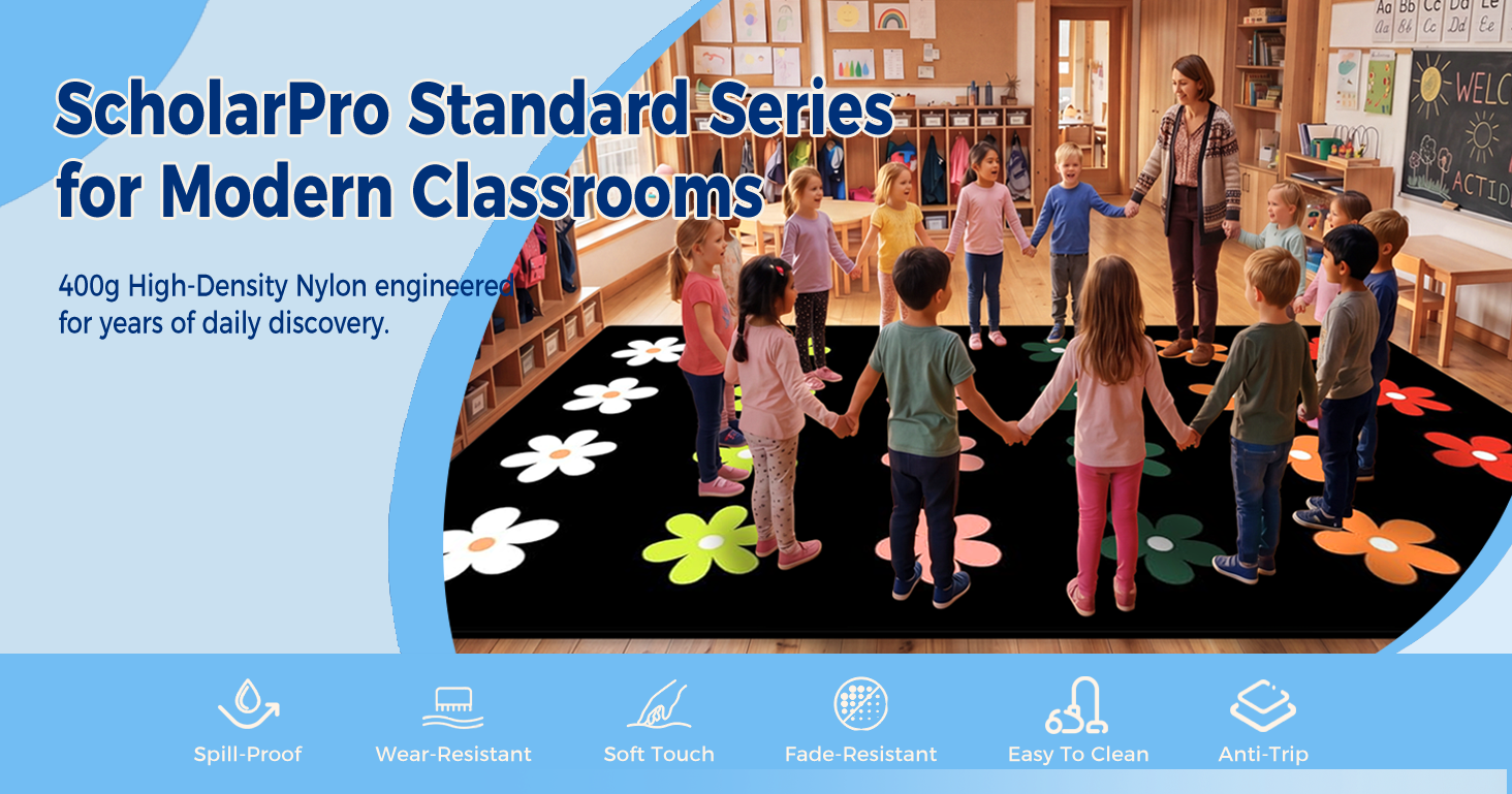 Black Daisy Floral Classroom Rug classroom rug scene image 1