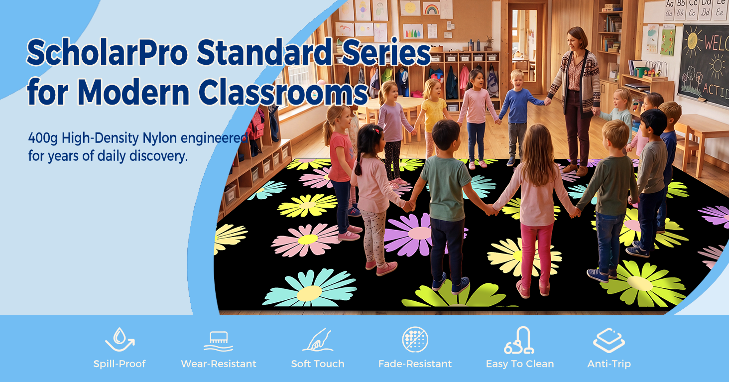 Black Daisy Floral Classroom Rug classroom rug scene image 1