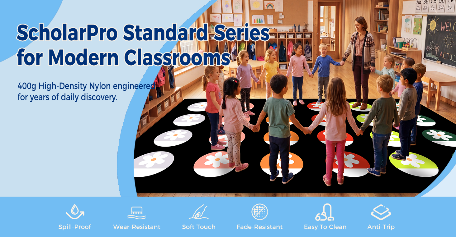 Black Daisy Circle Classroom Rug classroom rug scene image 1