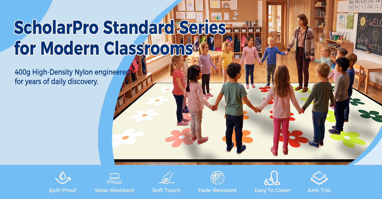 Cream Daisy Classroom Rug classroom rug scene image 1