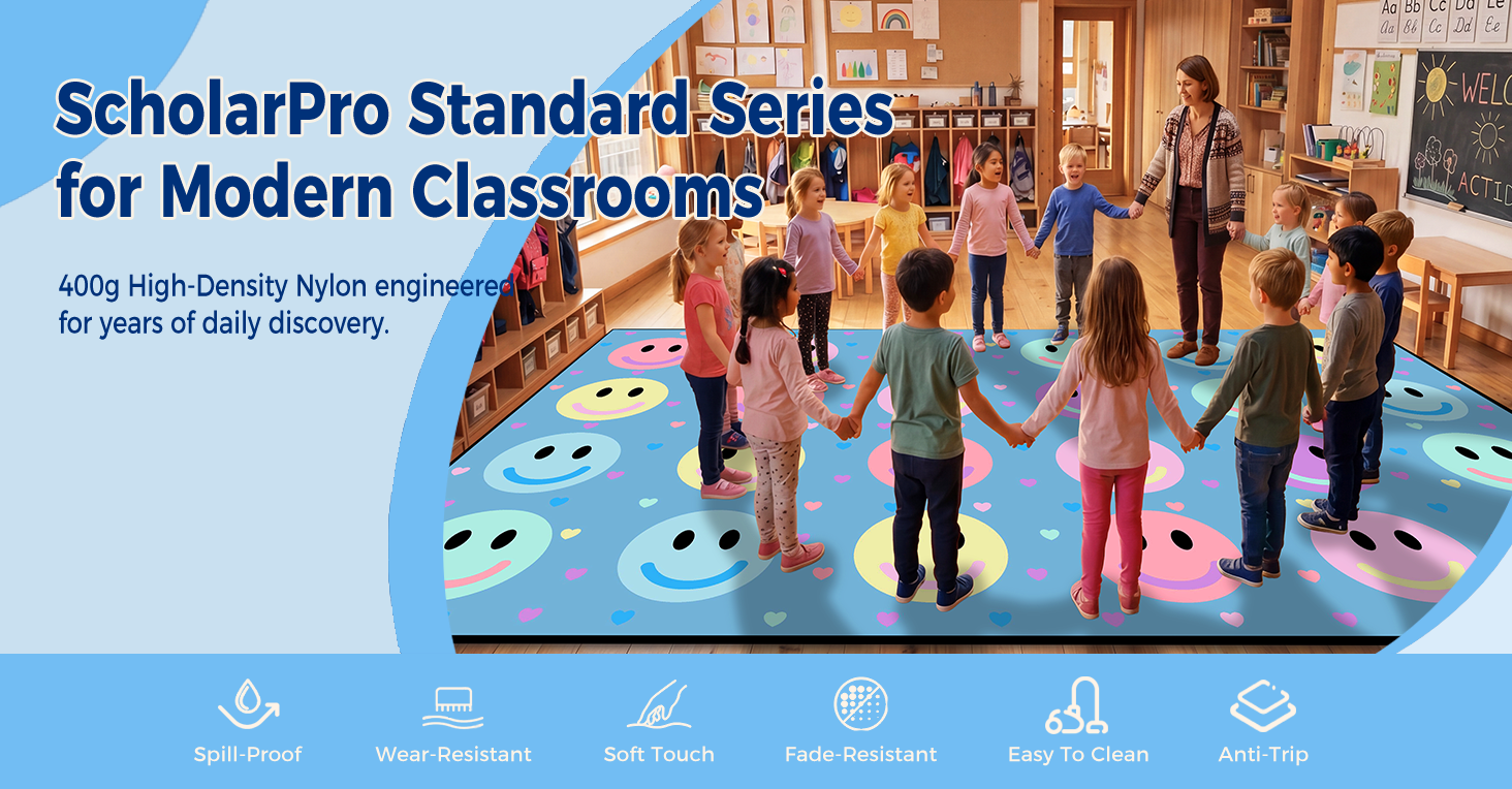 Blue Pastel Smileys Classroom Seating Rug classroom rug scene image 1