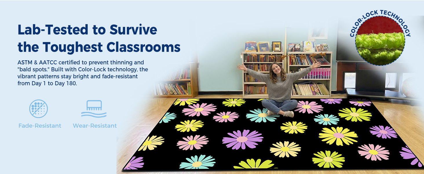Black Daisy Floral Classroom Rug classroom rug scene image 6