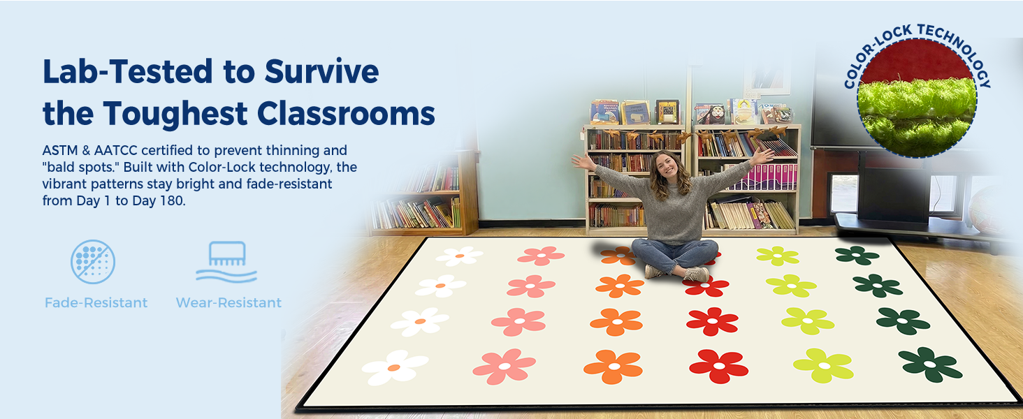 Cream Daisy Classroom Rug classroom rug scene image 6
