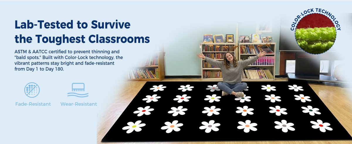 Black Daisy Classroom Rug classroom rug scene image 6
