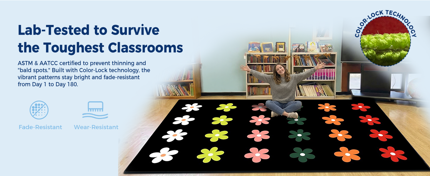 Black Daisy Floral Classroom Rug classroom rug scene image 6