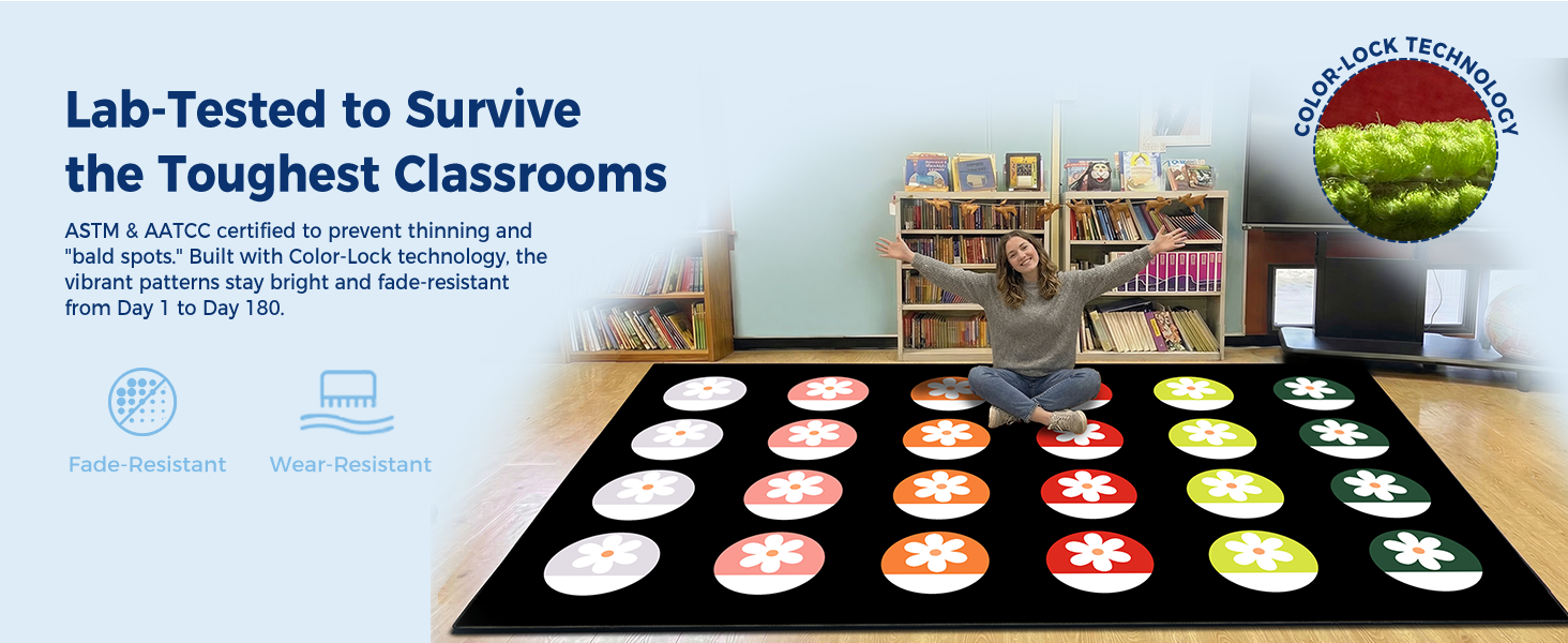 Black Daisy Circle Classroom Rug classroom rug scene image 6