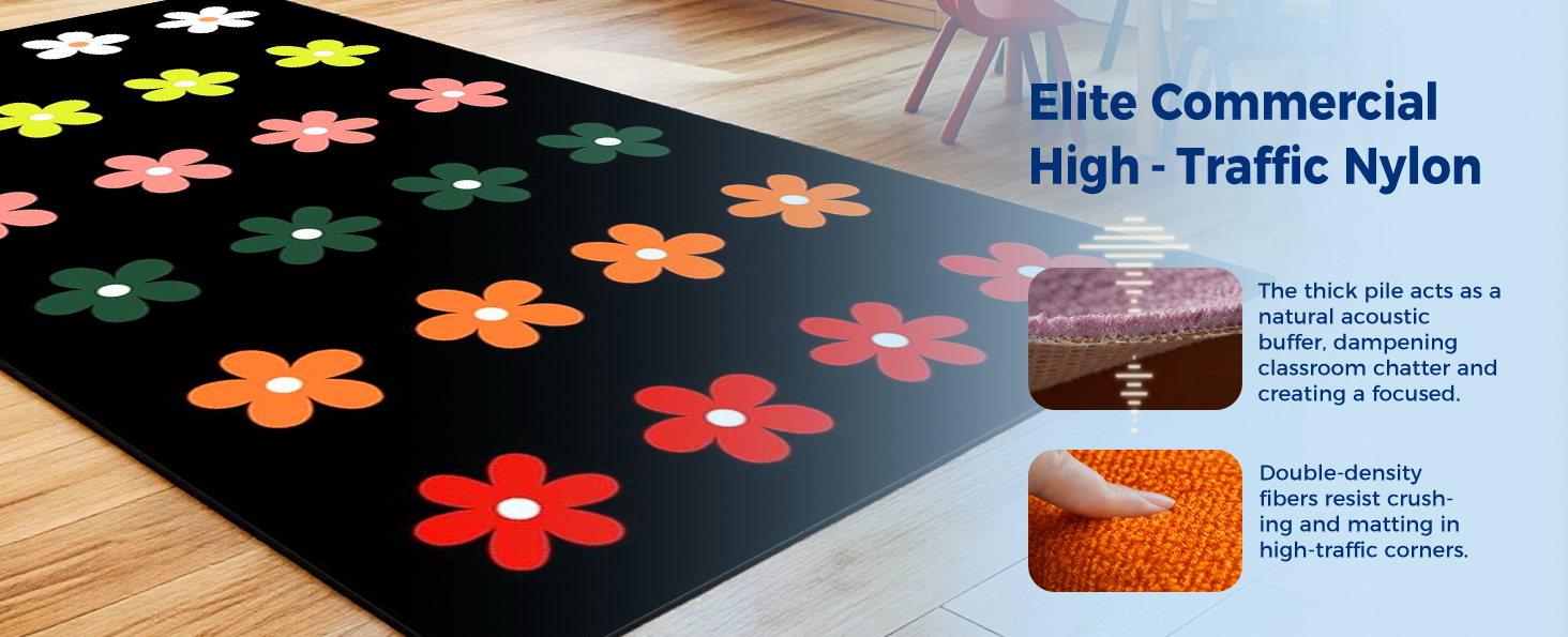 Black Daisy Floral Classroom Rug classroom rug scene image 2