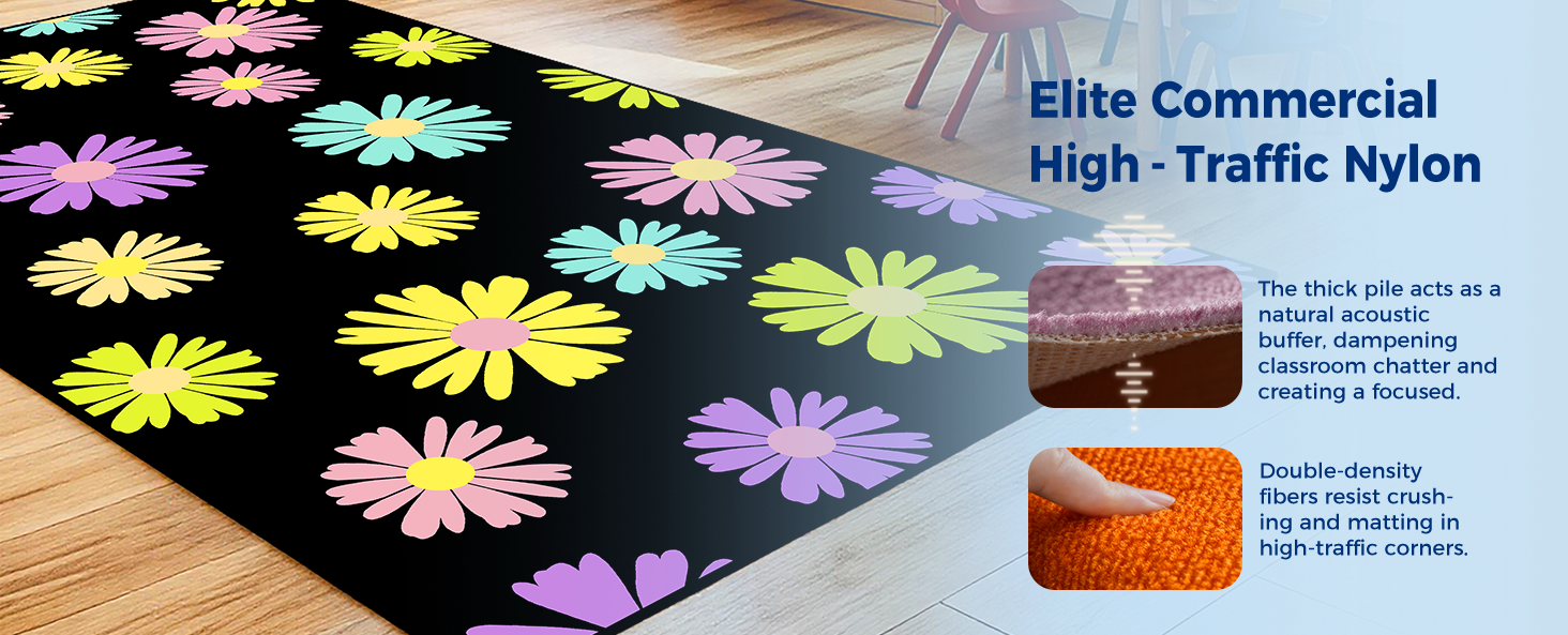 Black Daisy Floral Classroom Rug classroom rug scene image 2