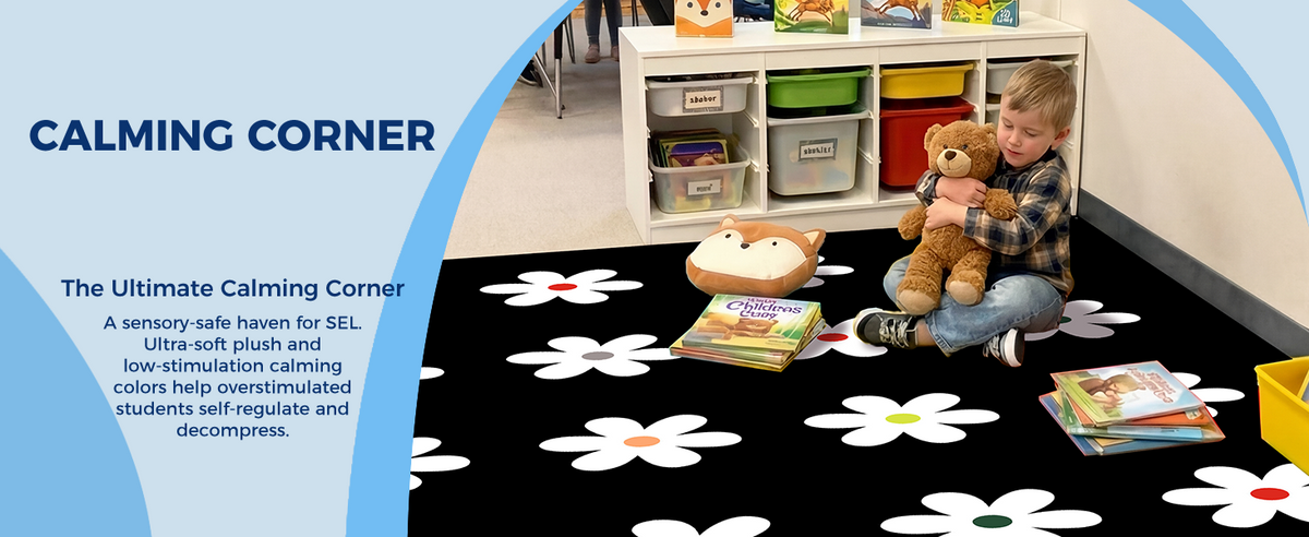 Black Daisy Classroom Rug classroom rug scene image 9