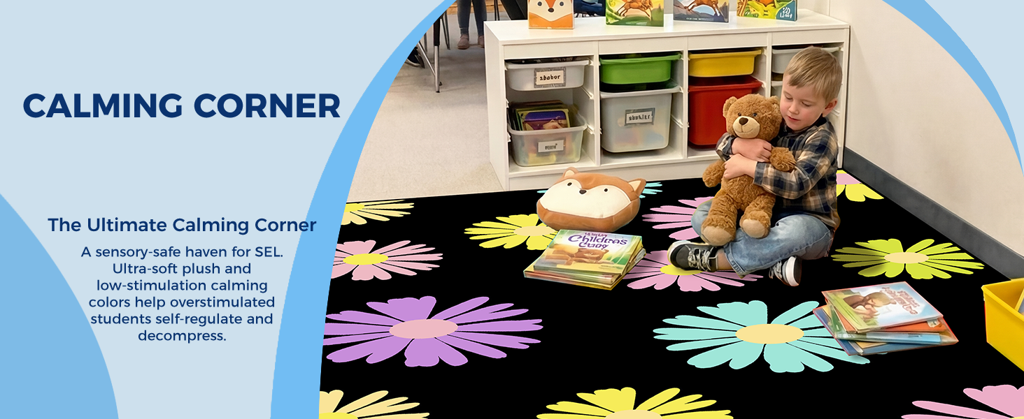 Black Daisy Floral Classroom Rug classroom rug scene image 10