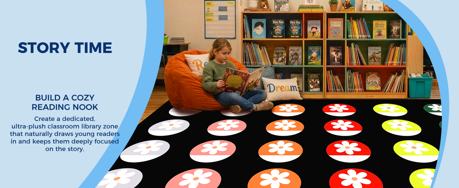 Black Daisy Circle Classroom Rug classroom rug scene image 10