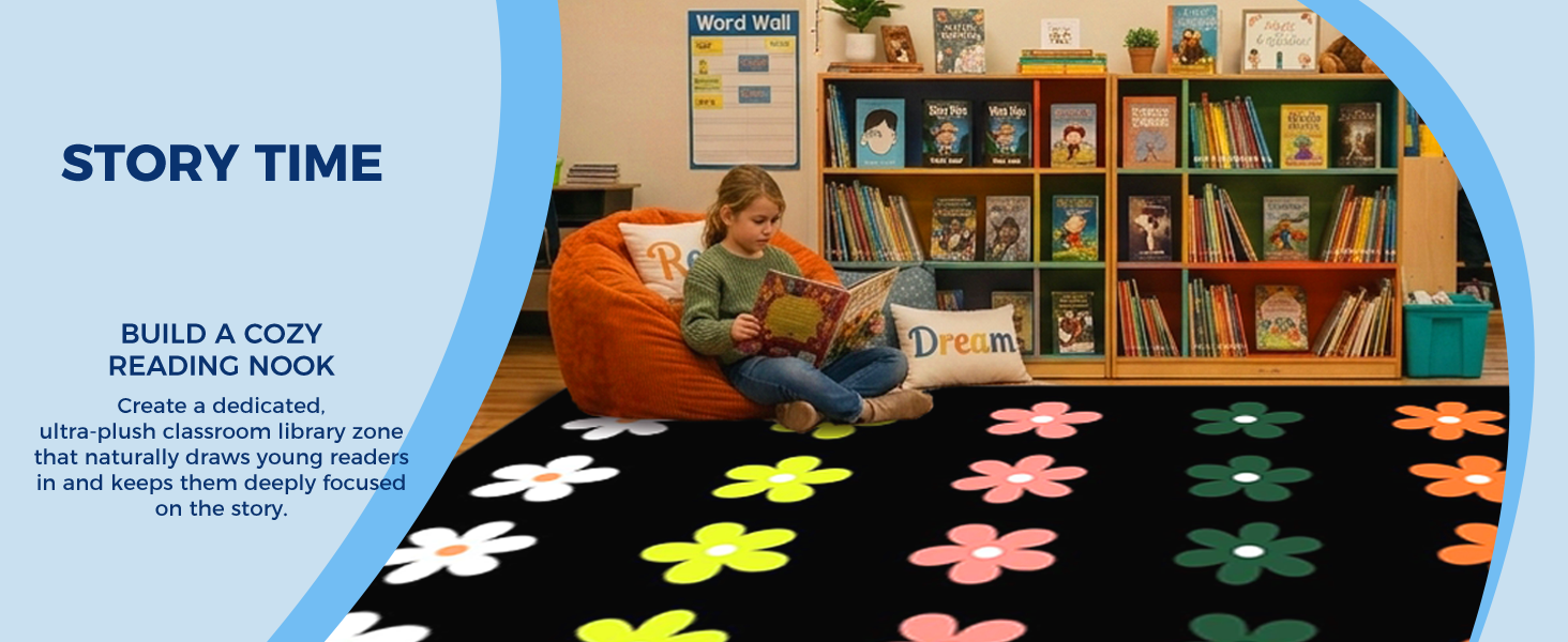 Black Daisy Floral Classroom Rug classroom rug scene image 11