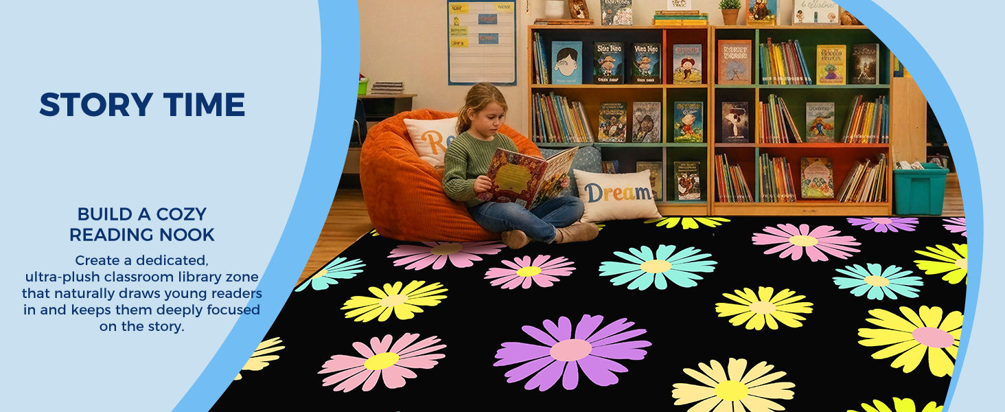 Black Daisy Floral Classroom Rug classroom rug scene image 11