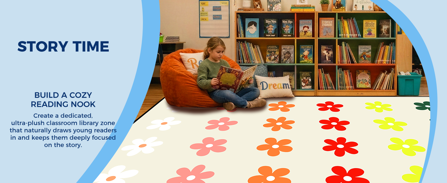 Cream Daisy Classroom Rug classroom rug scene image 11