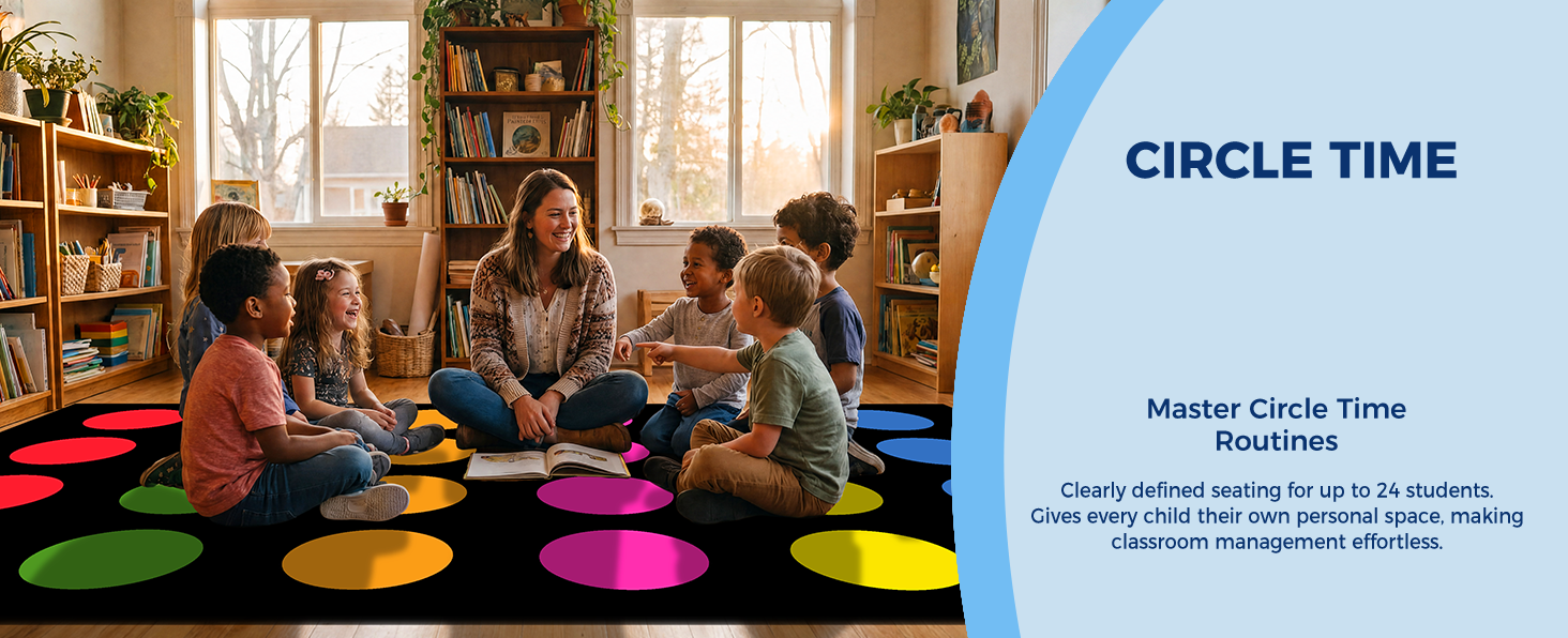 Black Colorful Circle Sit Spots Classroom Rug classroom rug scene image 8
