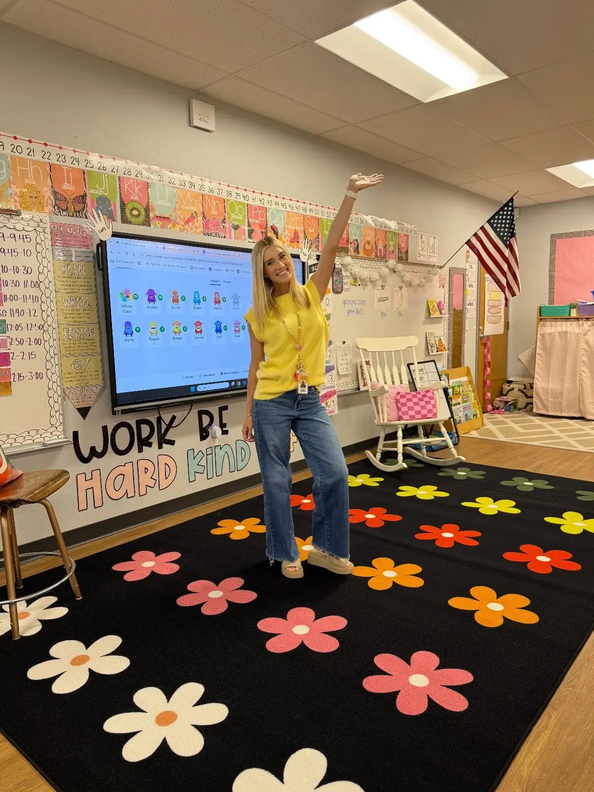 Black Daisy Floral Classroom Rug