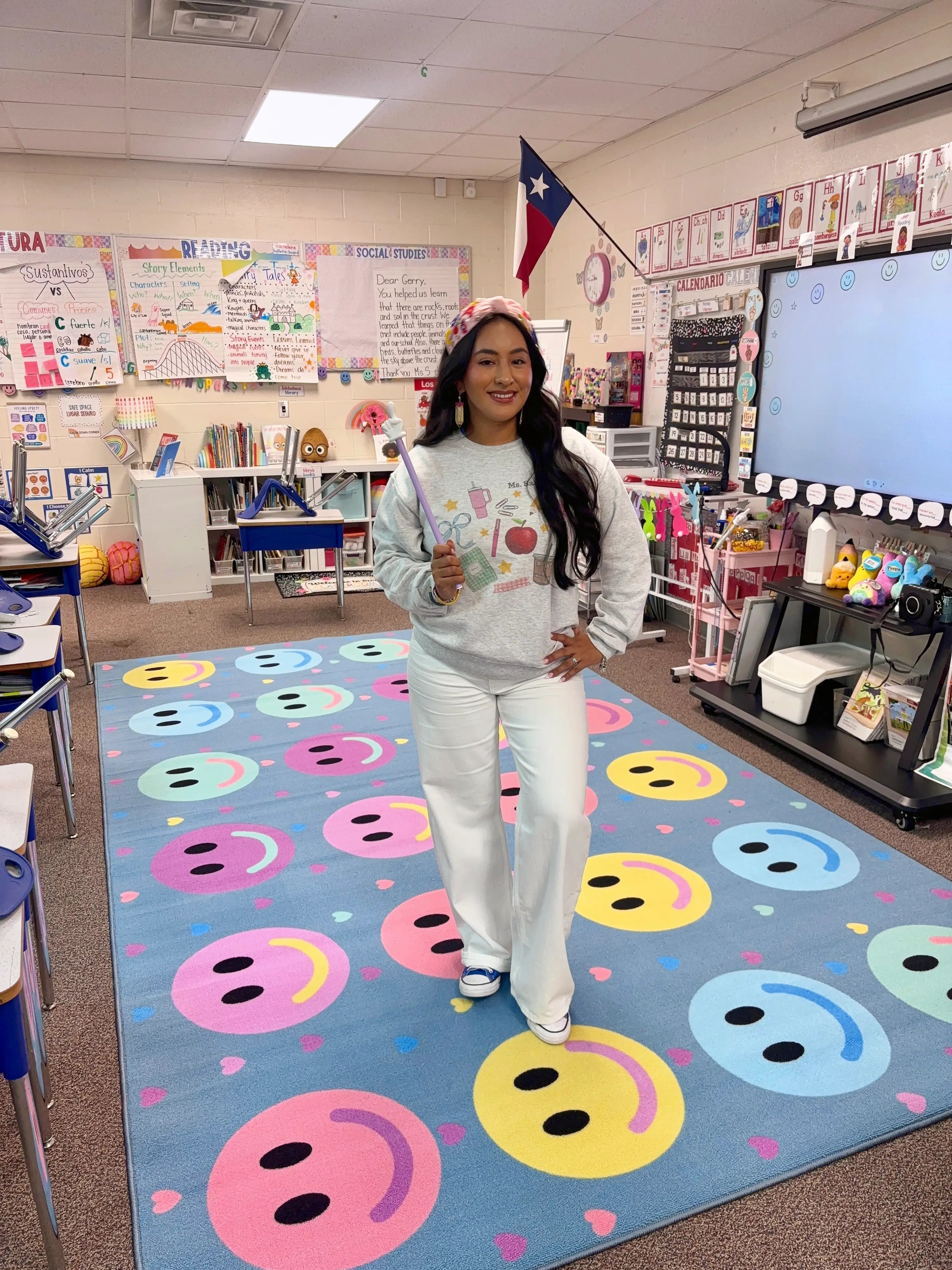 Blue Pastel Smileys Classroom Seating Rug