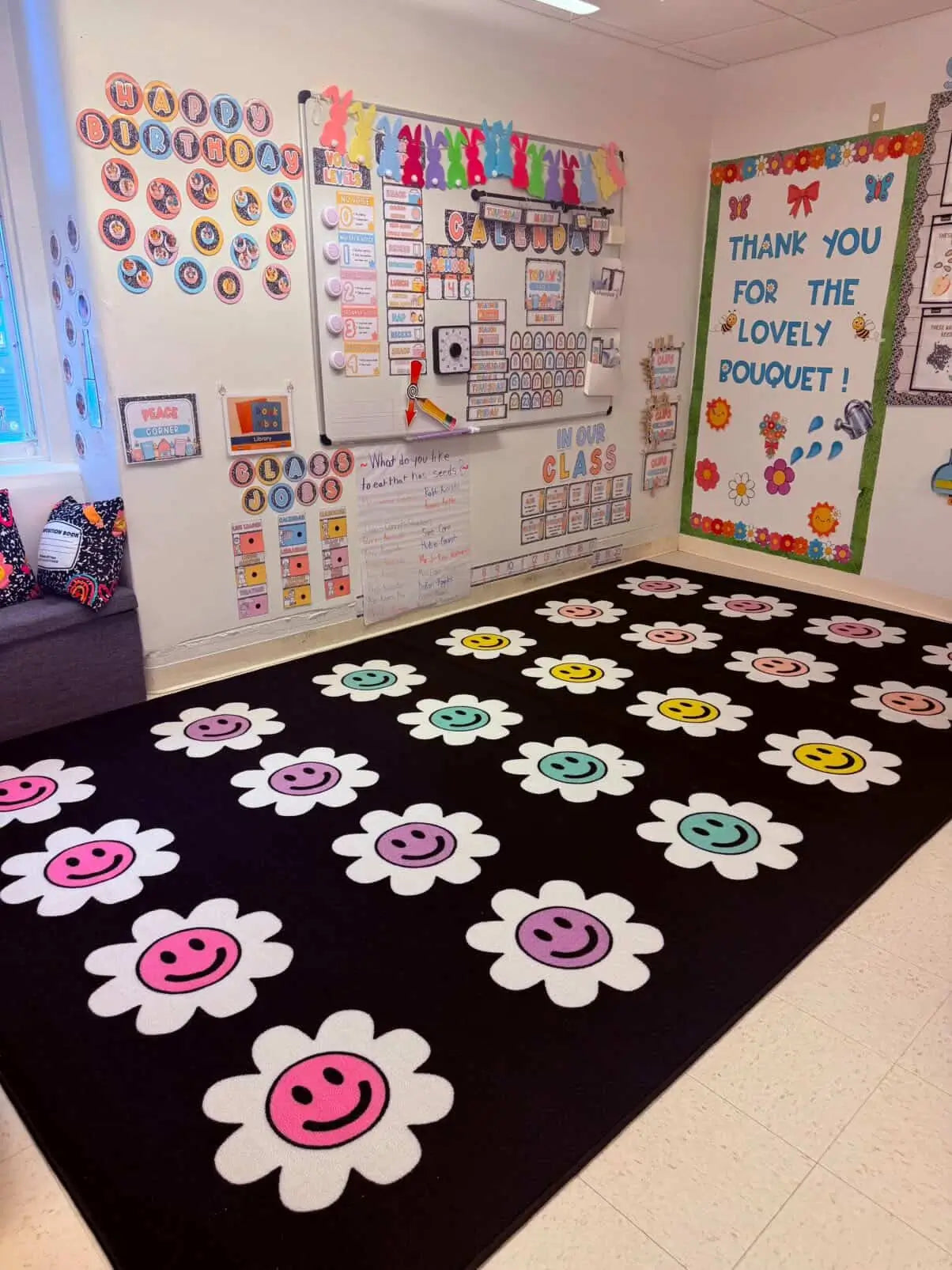Pastel Flower Smileys Classroom Rug